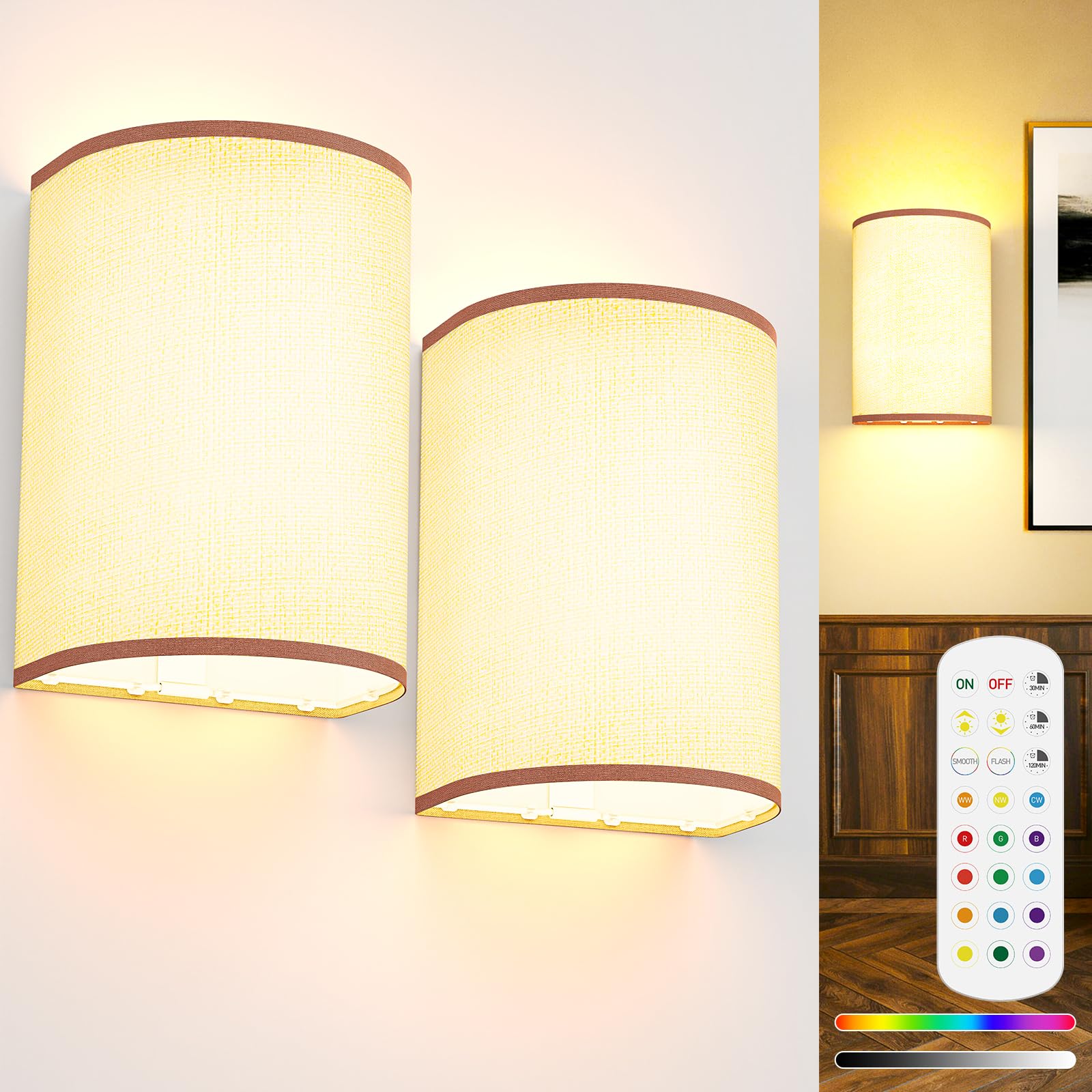 Photo 1 of PRTILOUD Battery Operated Wall Sconces Set of 2, Rechargeable Wall Sconces 15 Colors Wall Lamp with Remote 10 Levels Brightness, 5000mAh Wireless Wall Decor Set of 2 with Timer for Bedroom Living Room