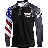 Man Novelty USA Flag Button Golf Polo Stripes and Stars Veteran Shirt Casual 4th of July Long Sleeve Fleece Polo T-Shirt L