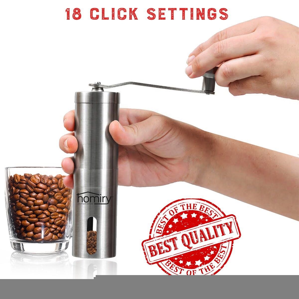 Manual Coffee Bean Grinder By Homiry: Best Portable, Easily Adjustable, Conical Burr Mill for Precision Brewing, Spice and Herbs, Hand Crank Stainless Steel-Free Pouch Bag, Cleaning Brush & Scoop