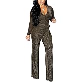 JTNFairy Sexy Sequin Jumpsuits for Women Plus Size Elegant Clubwear Sparkly High Waisted Wide Leg Pant Disco Outfits