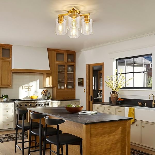 DIDUIO 4 LIGHT SEMI FLUSH MOUNT CEILING LIGHT BRUSHED GOLD KITCHEN LIGHTING FIXTURES CEILING BRASS HALLWAY CIELING LIGHTS FIXTURE WITH CLEAR GLASS SHADE FOR BEDROOM DINING ROOM