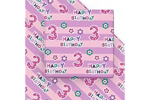 WRAPAHOLIC 3rd Birthday Wrapping Paper Sheet - 6 Sheets Pink Happy Birthday with Floral Design Folded Flat for Birthday, Party, Baby Showers - 19.7 Inch X 27.5 Inch Per Sheet