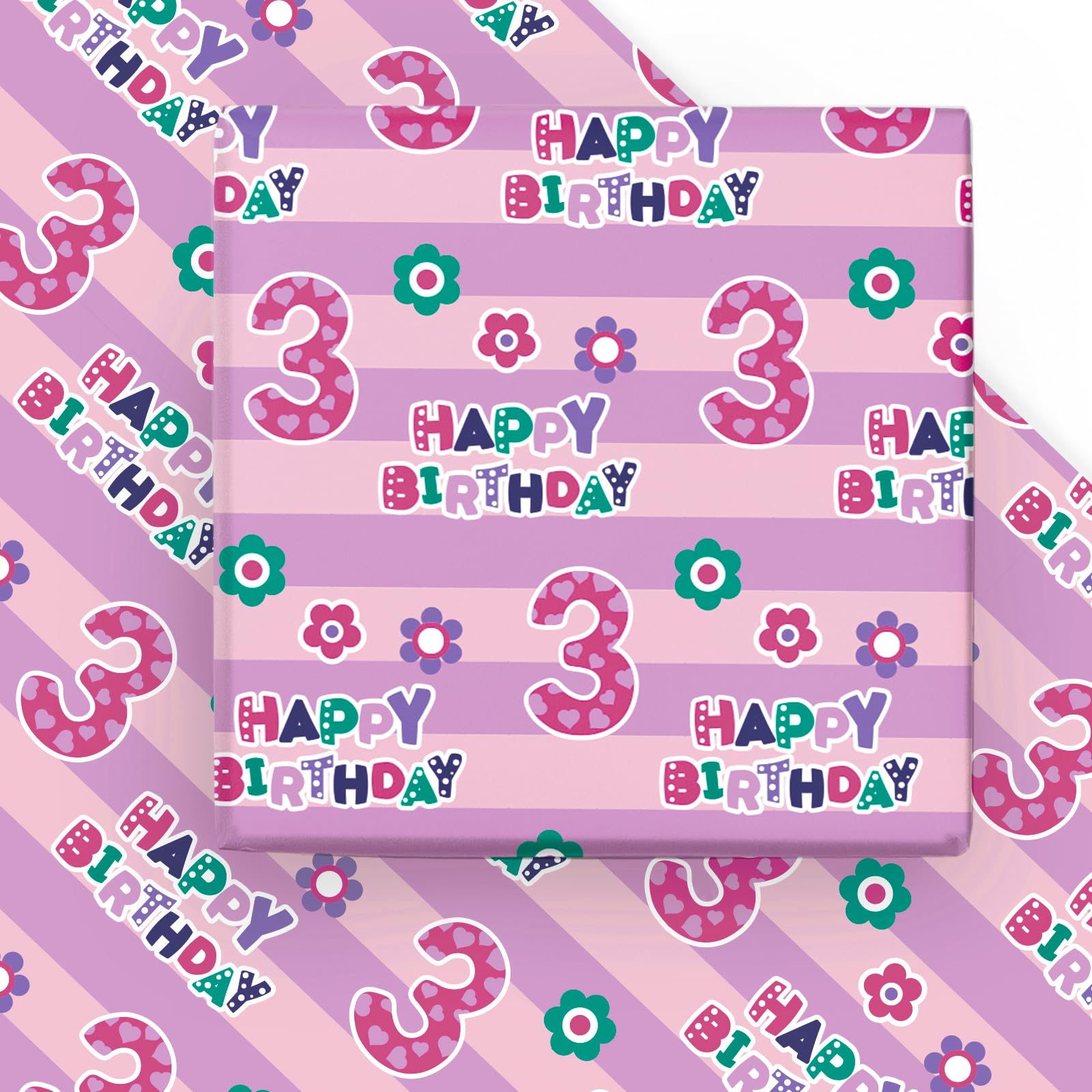 Photo 1 of WRAPAHOLIC 3rd Birthday Wrapping Paper - Pink Happy Birthday with Floral Design, 6 Sheets, 19.7 x 27.5 Inch Each