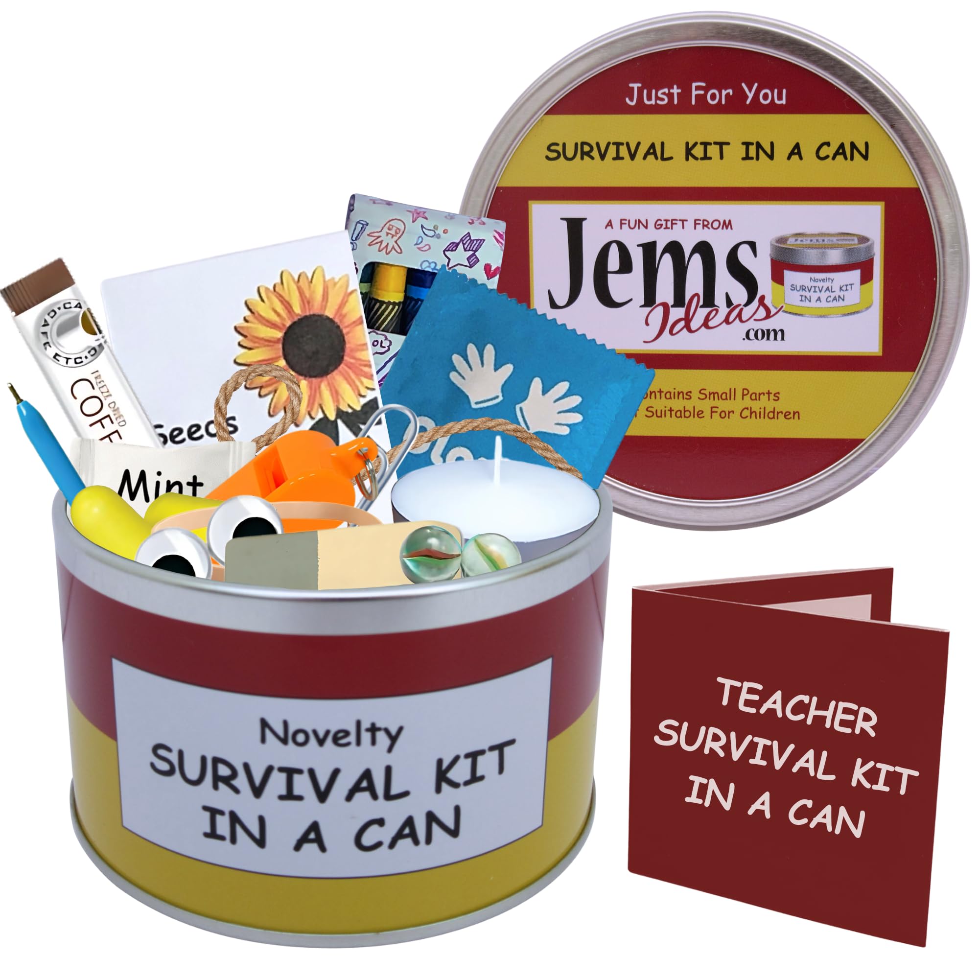 Survival Kit In A Can Teacher Fun & Unique Novelty Gift Set. Thank you Teacher Appreciation Gifts. Birthday - Christmas - End of Year/Term (Red/Yellow)