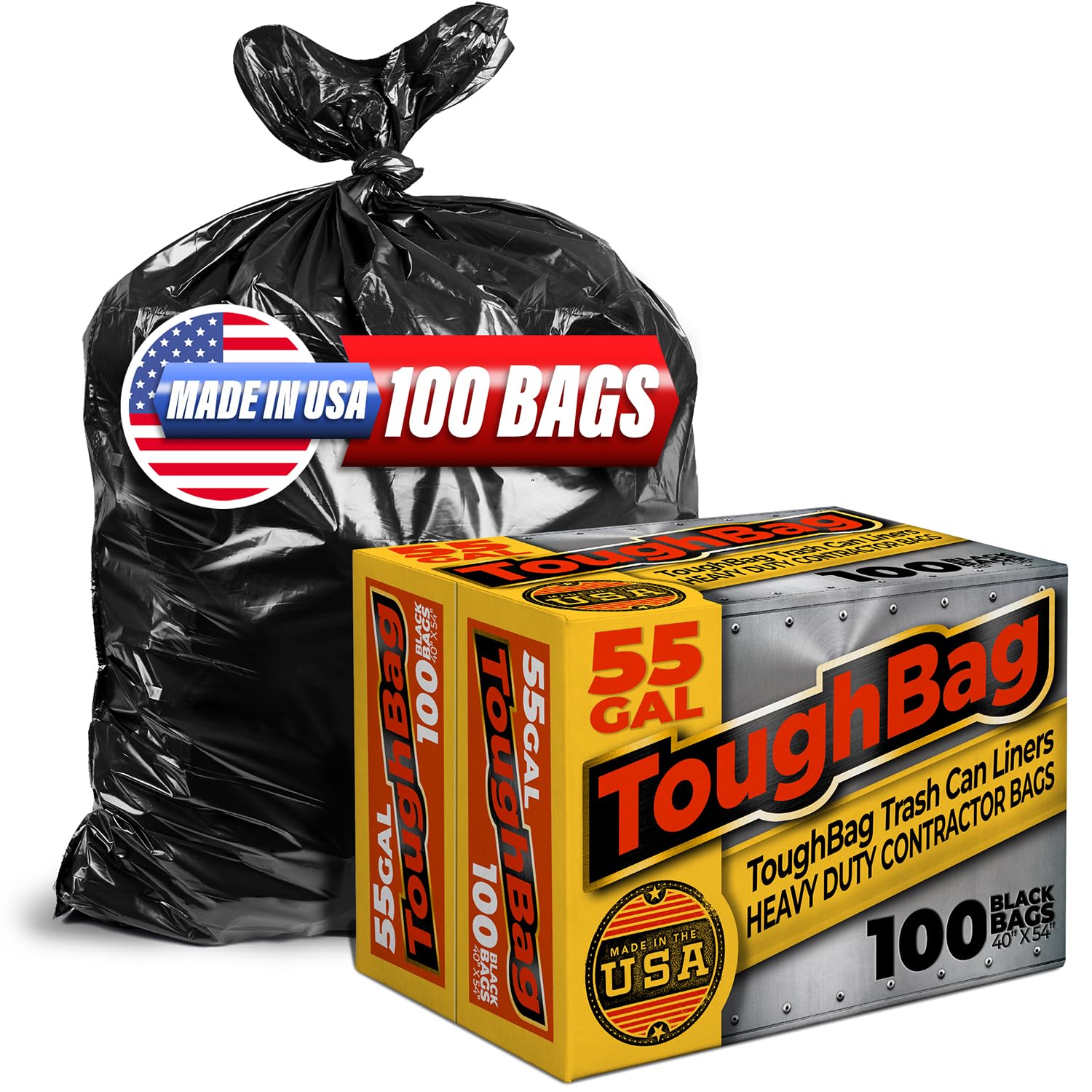ToughBag 55-60 Gallon Trash Bags (100 Count) – 40’ x 54’ Extra Large Garbage Bags Medium Duty, Industrial & Commercial Black Trash Bags - Made in USA Image