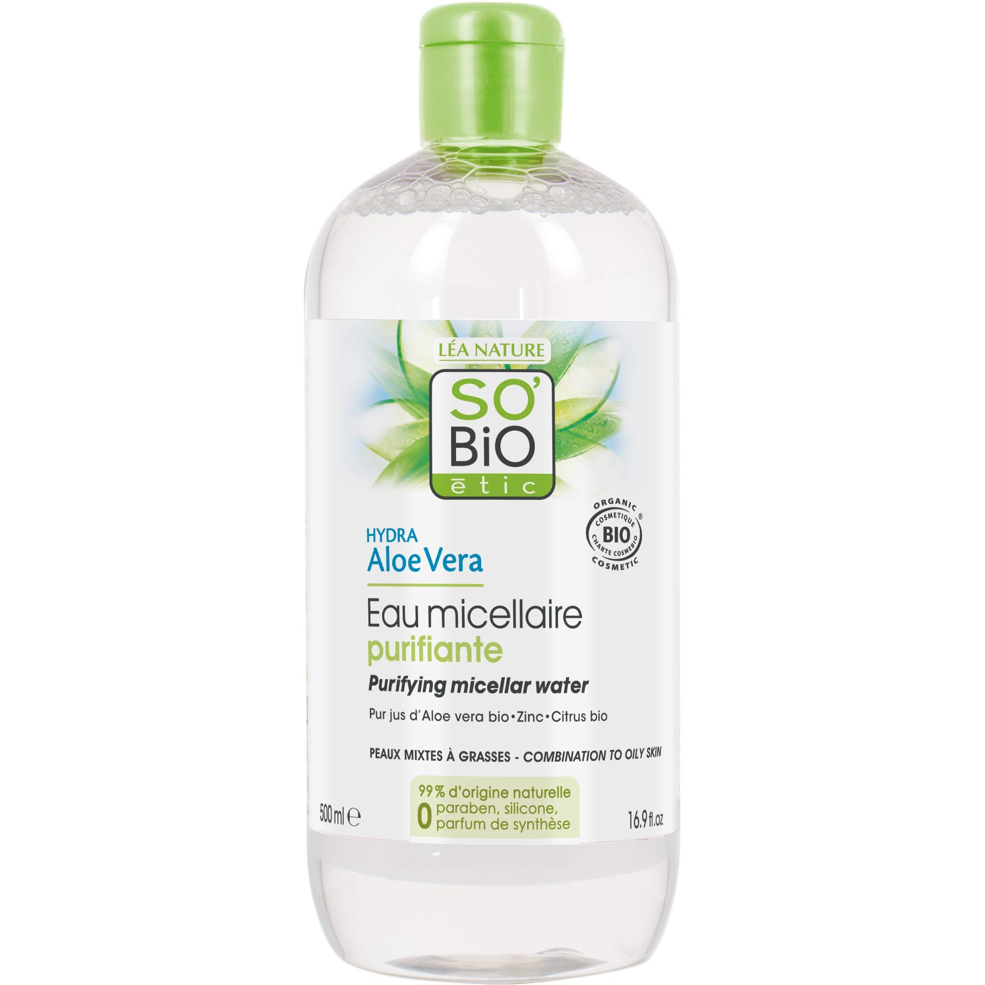 SO'BiO étic Cosmebio Combination/Oily Skin Hydra Aloe Vera Purifying Micellar Water, 500 ml