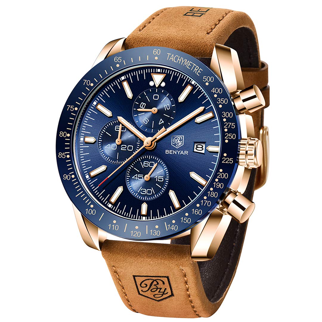 BENYAR Men's Business Analog Chronograph Quartz Watch 30M Waterproof Luminous Date Display Fashion Casual Watch Sports Multi-Dunctional Leather Watch(Gold Blue)