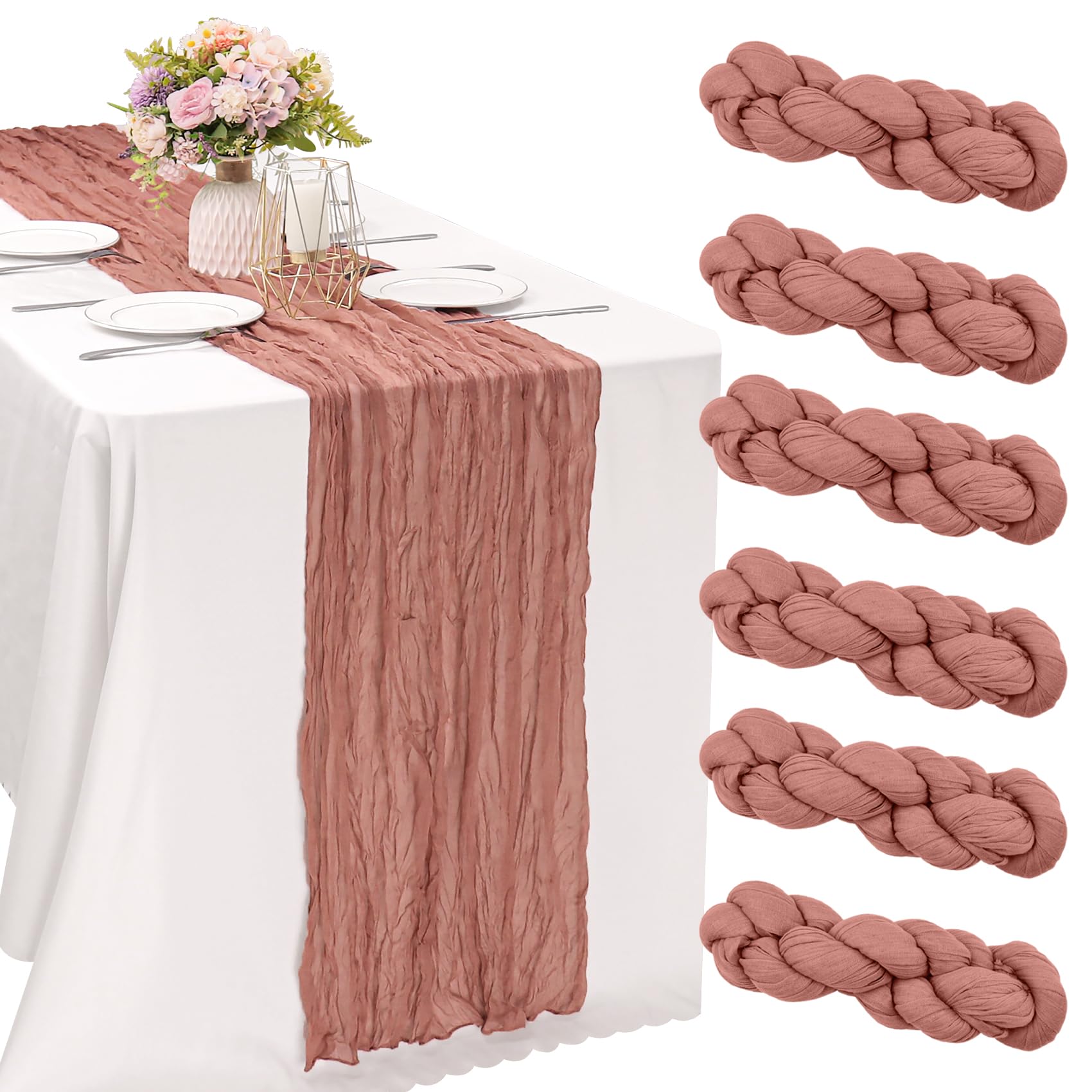 Photo 1 of 6 Pieces Dark Rose 10FT Cheesecloth Table Runner Boho Gauze Fabric Table Runner Rustic Sheer Runner for Wedding Birthday Baby Shower Party Boho Table Decoration?Dark Rose?