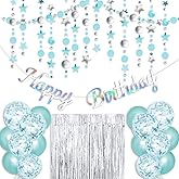 Sliver Happy Birthday Banner, Turquoise Glitter Circle Dot Garland Streamer, Sliver Fringe Curtain, Blue and Turquoise Balloons, Blue Birthday Party Decorations