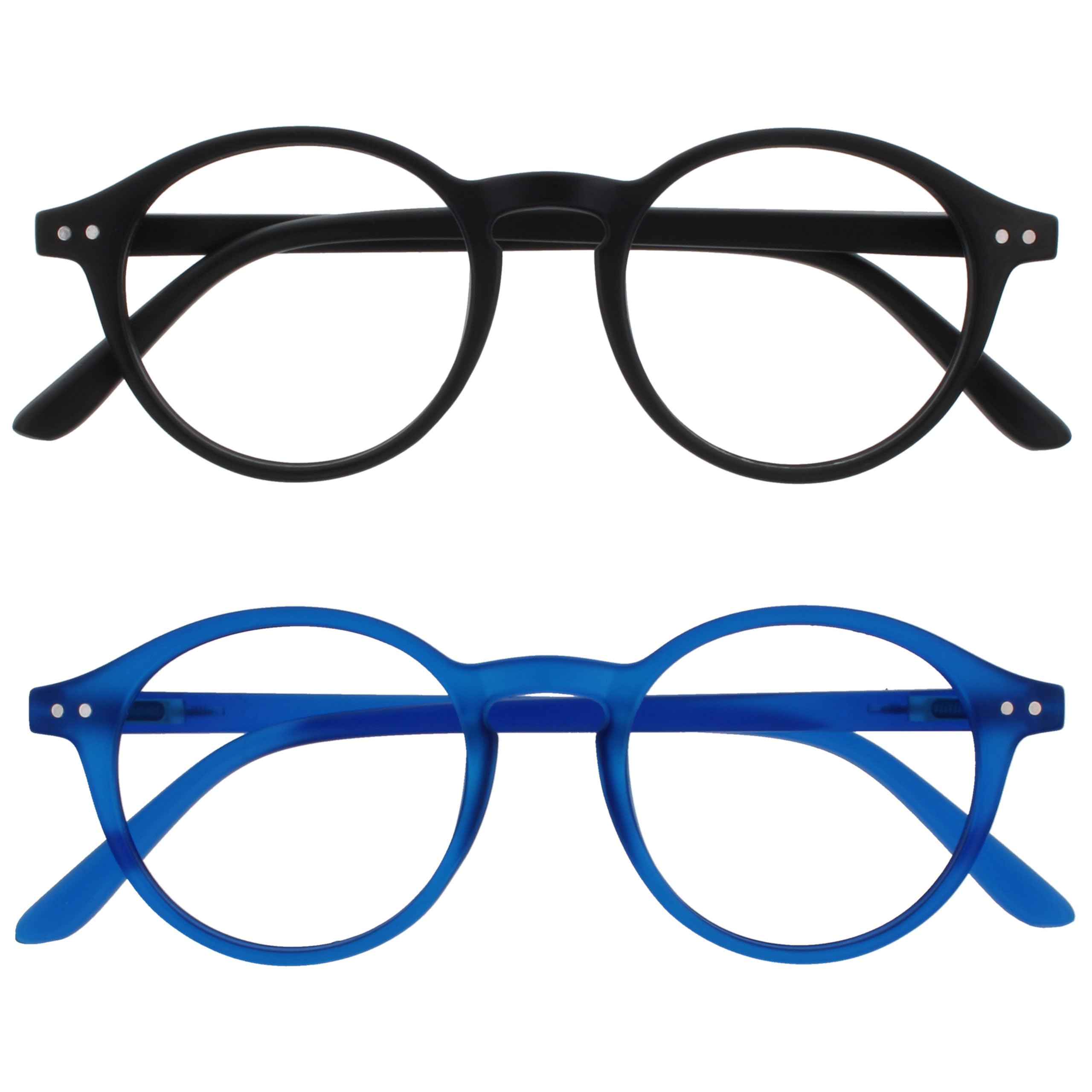 OPULIZE REY Reading Glasses - 2-Pack - Retro Round Frame - Matt Black, Blue - Mens Womens - Spring Hinges - RR56-13 - +1.50