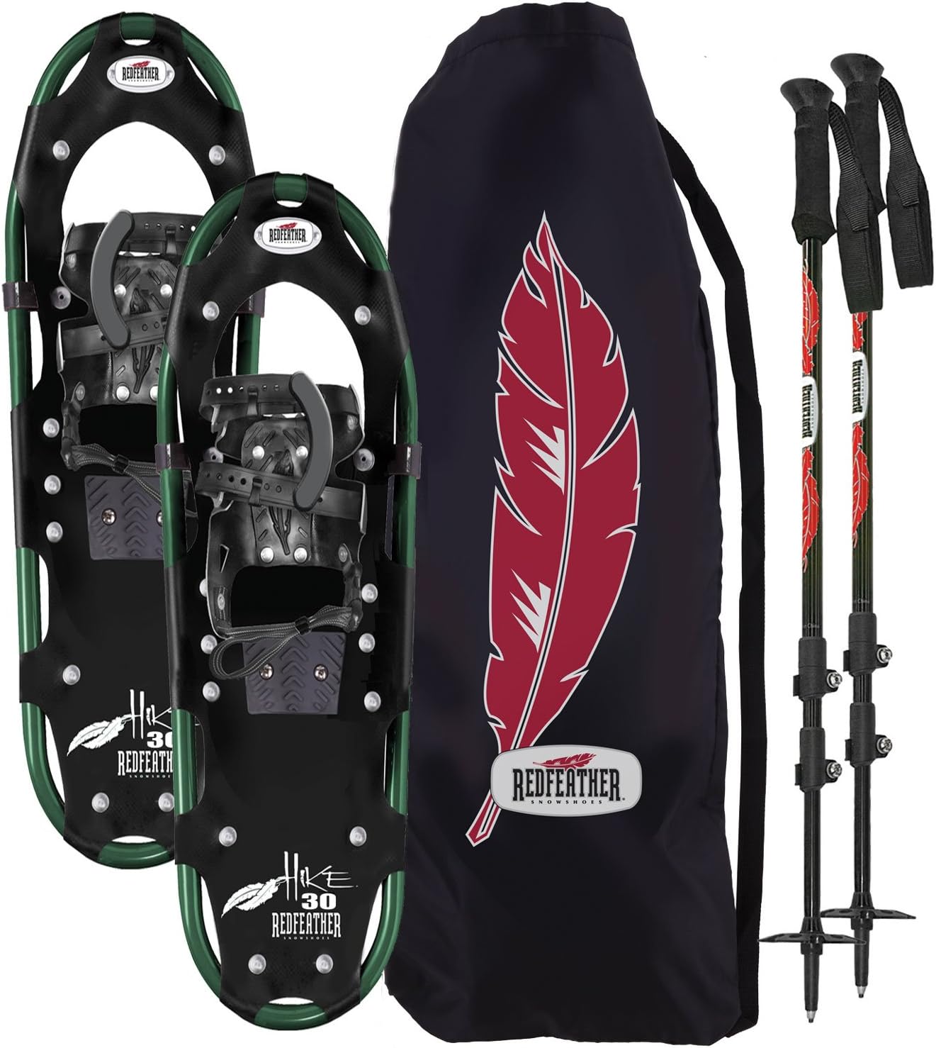 Redfeather Men's Hike Recreational Series Snowshoe Kit, Snowshoes, Poles and Carry Tote, Available In 22, 25, 30 & 36 Inch Lengths, Aluminum Frame, SV2 Bindings, Live Action Hinge, Sure Grip Crampon, & Rip Stop Decking - 1600