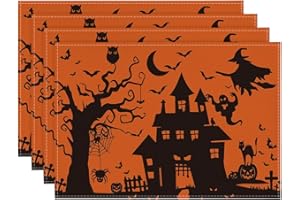 Artoid Mode Orange Spooky Haunted House Witch Halloween Placemats Set of 4, 12x18 Inch Seasonal Table Mats for Party Kitchen Dining Decoration