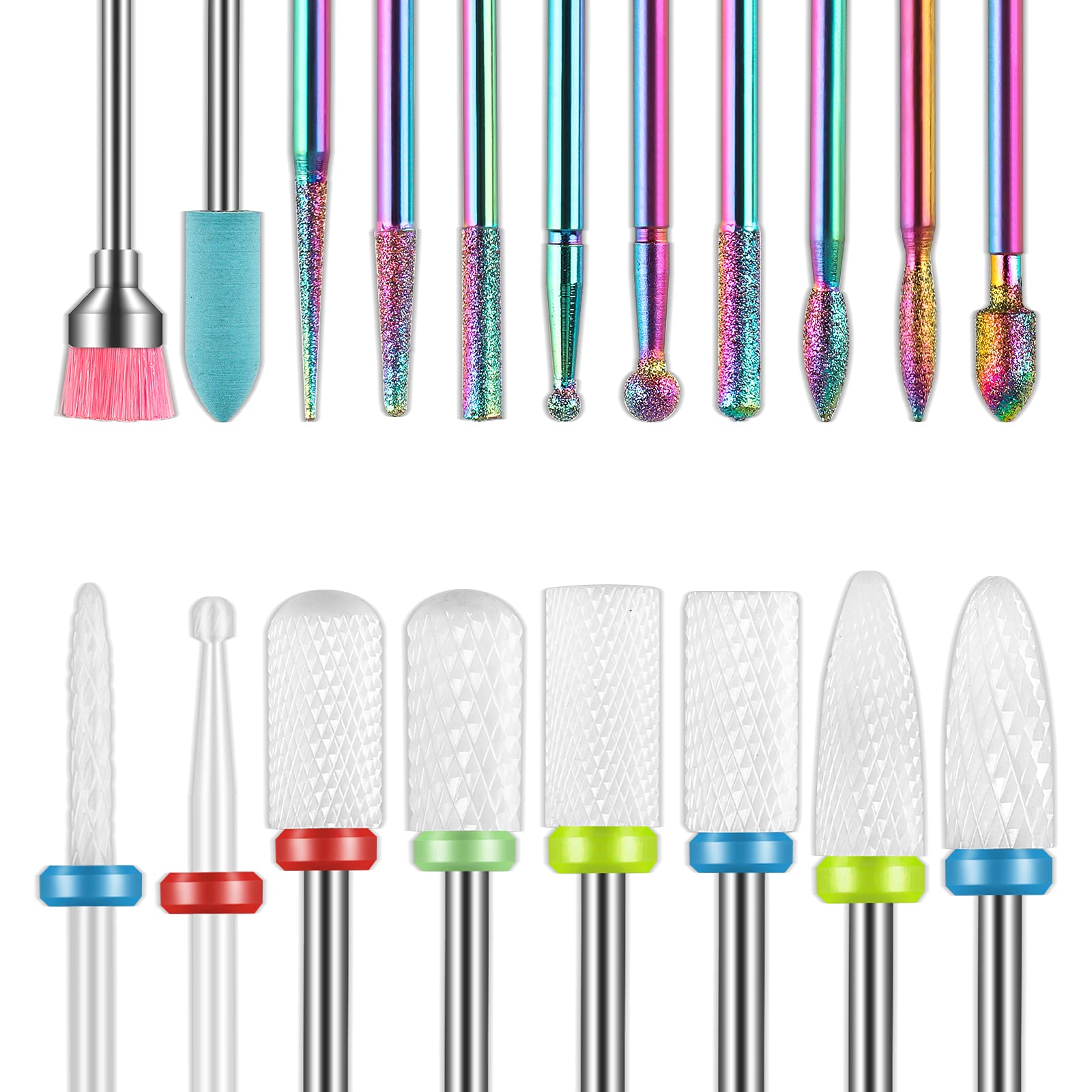 19pcs Nail Drill Bits Sets, 3/32 Inch Cuticle Electric Nail File and Ceramic Acrylic Gel Nail Bit Kit, Acrylic Nail Art Tools, Carbide Cuticle Remover Bits for Manicure Pedicure, Home Salon
