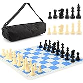 EMVANV Portable Chess & Checkers Set, 35cm Travel Board Games Tournament Chess Mat with Chess & Storage Bag, Blue Roll Up Chess Board Travel Chess Sets(Blue)