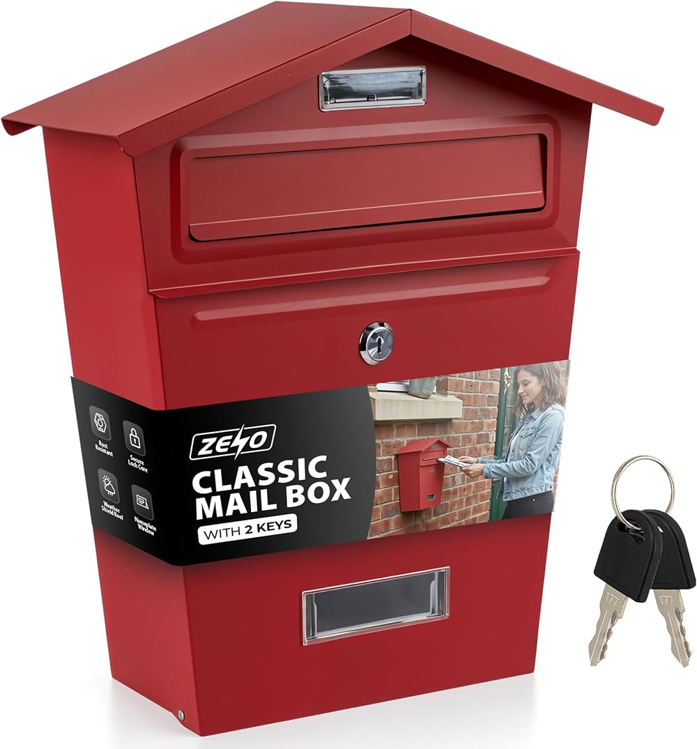 Zeno Post Box Wall Mounted Red Lockable Letterbox with Nameplate