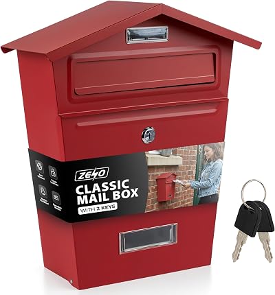 Zeno Post Box Wall Mounted Red Lockable Letterbox with Nameplate