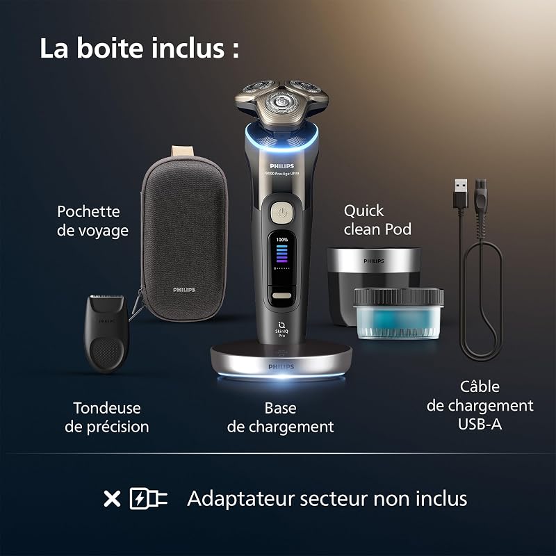 Rasoir i9000 Prestige Ultra, rasoir électrique 100% étanche, technologie Skin IQ Pro, système Triple Lift & Cut, lames de précision NanoTech rotatives à 360°, 5 modes de rasage, XP9405/31