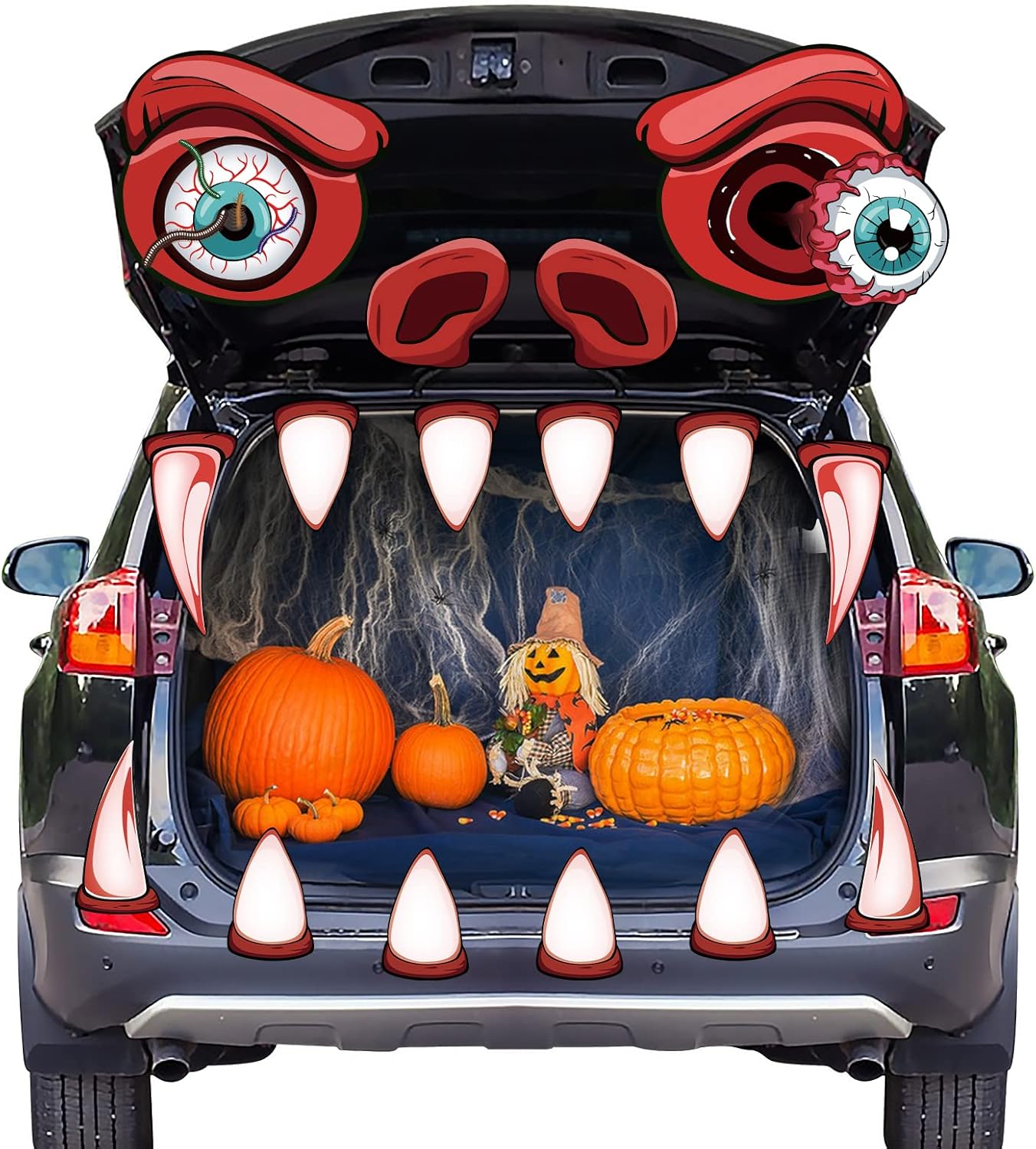 Garage Door Decorations - Fowecelt Halloween Monster Trunk or Treat Car Decoration with Eyes Fangs Nostrils, Door Archway Garage Car Decorations for Halloween Outdoor Decoration Props Supplies (Red)