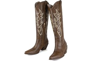 MISSMILLER Women's Embroidered Wide Calf Western Cowgirl High Knee Boots Pull On Pointed Toe Cowboy Tall Boots for Ladies