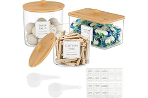 3 Pack Laundry Pods Container, Clear Laundry Room Organization Containers with Labels Scoops and Lid, Washing Tablet Storage 