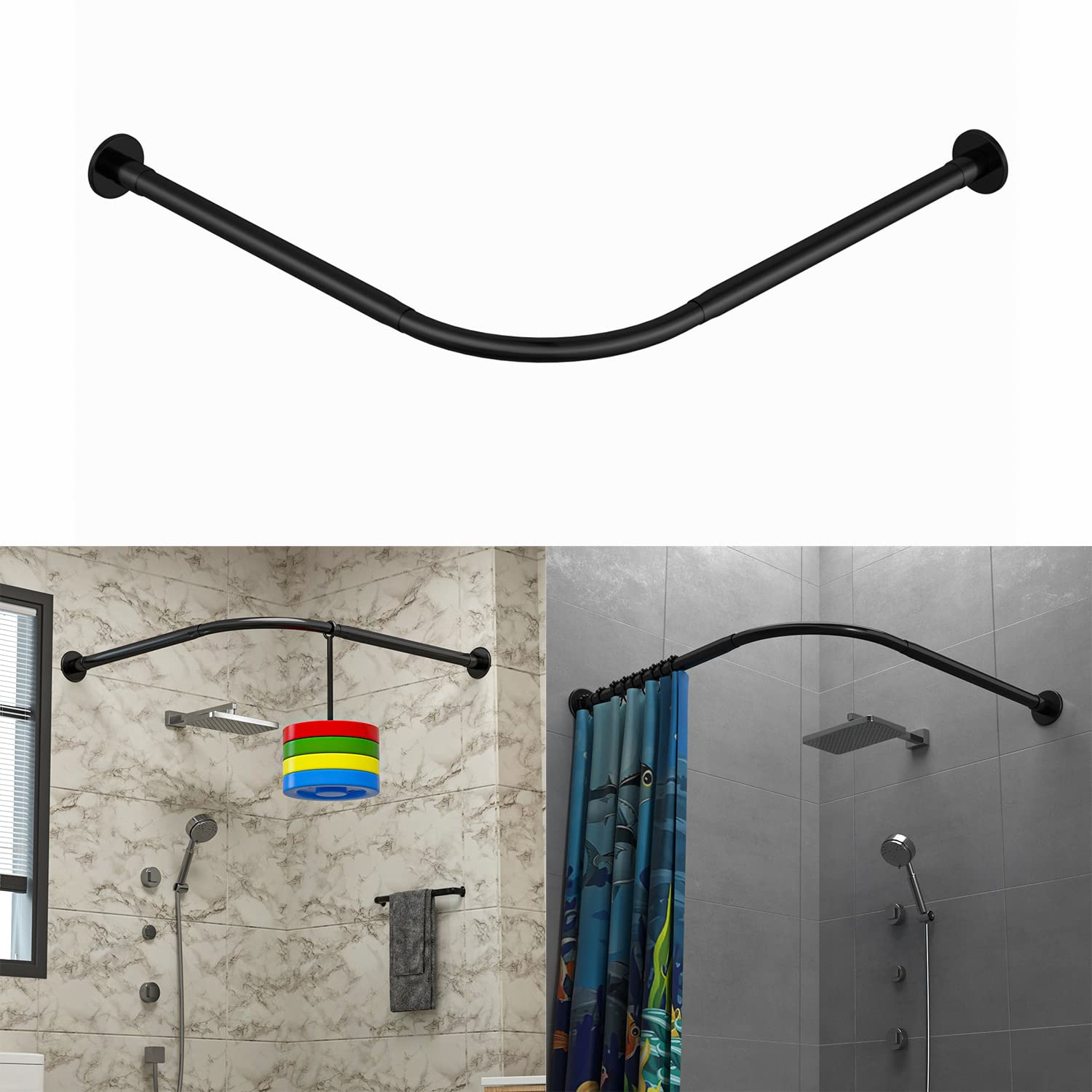 Photo 1 of Tanxih Corner Shower Curtain Rod Adjustable Stainless Steel L Shaped Rack Drill Free Install for Bathroom, Bathtub, Clothing Store (Black, 27"-39"x27"-39")