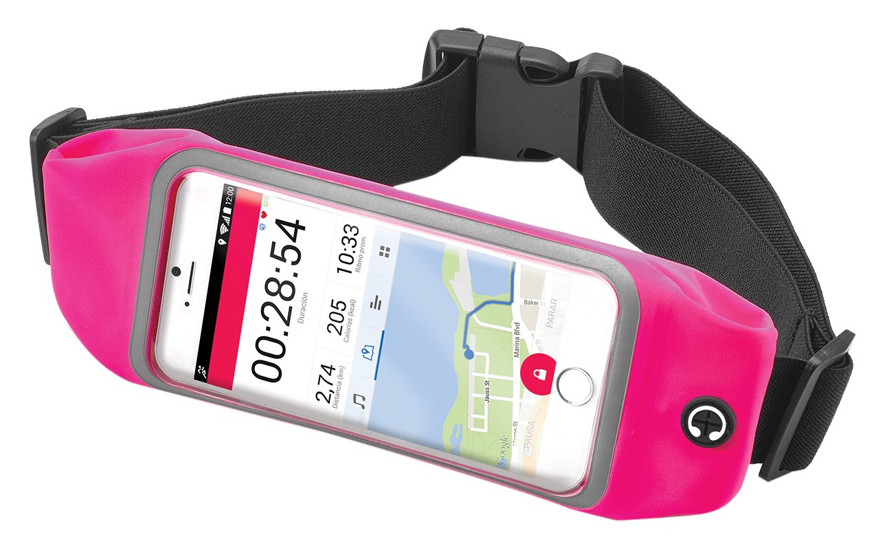 Celly RunBeltView Elastic Running Belt with Earphones and Transparent Touch Pocket for Smartphone Up to 4.7" - Pink