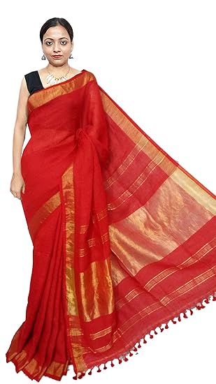 Women's Linen Saree (Red)