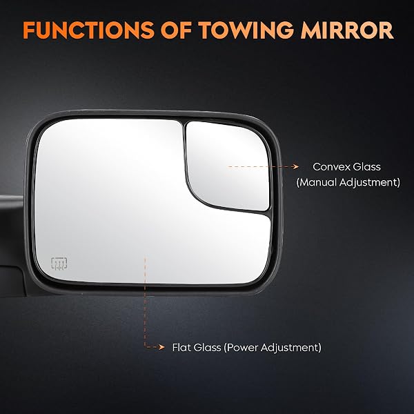 YOUXMOTO TOWING MIRRORS FIT FOR DODGE RAM 1500 1998 1999 2001; FIT FOR DODGE RAM 2500/3500 1998-2002 PICKUP TRUCK MIRRORS, HEATED, MANUAL FOLDING & FLIP UP; LEFT+RIGHT SIDE MIRRORS; BLACK