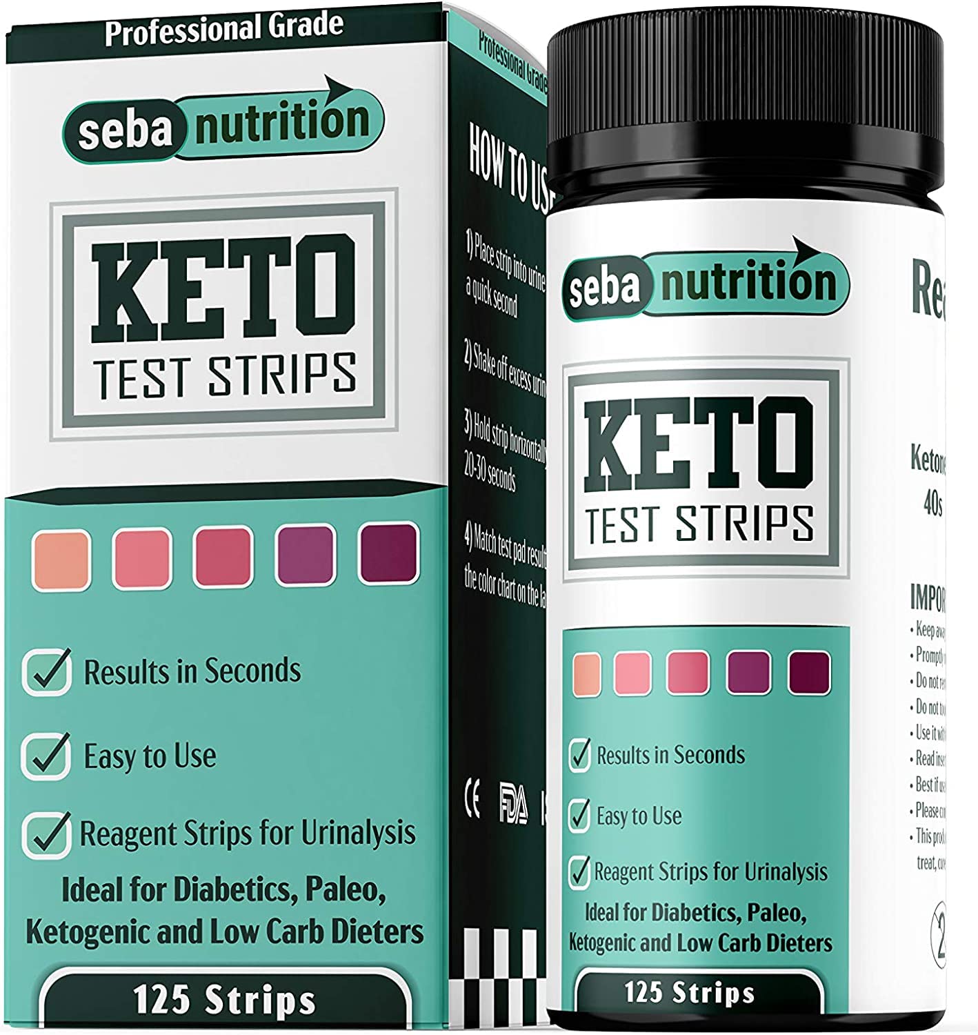 SEBA Nutrition - Keto Urine Test Strips - Urinalysis Test Sticks - Design for Ketogenic and Low Carb Diets - Best for Accurate Meter Measurement of Ketones - New Improved Formula (125 Strips)