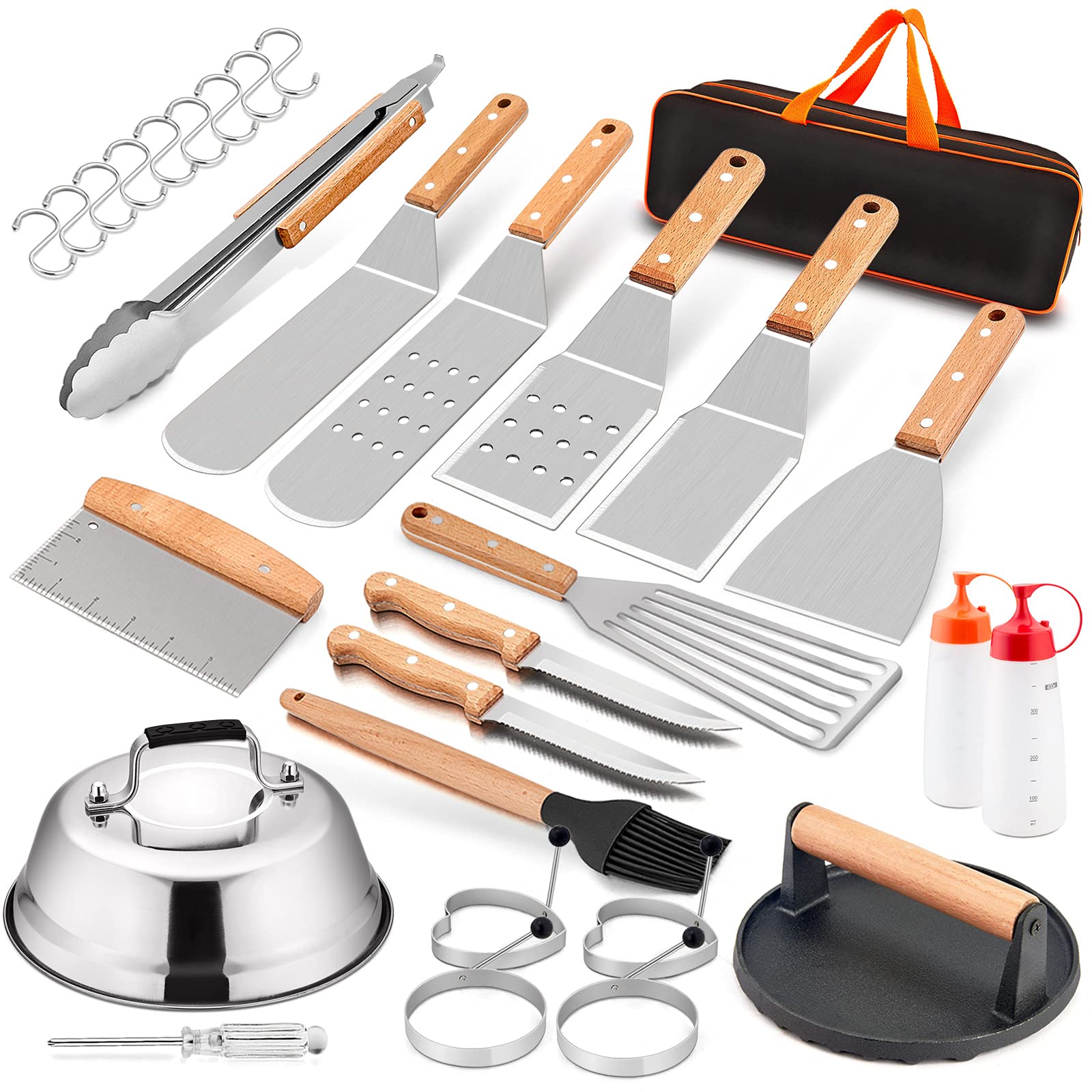 HaSteeL Griddle Accessories Set of 20, Complete Stainless Steel Griddle Spatula Tools with 9” Melting Dome, Heavy Duty Metal Spatulas Choppers Cast Iron Grill Press for Flat Top Teppanyaki BBQ Outdoor Image HaSteeL Griddle Accessories Set of 20, Complete Stainless Steel Griddle Spatula Tools with 9” Melting Dome, Heavy Duty Metal Spatulas Choppers Cast Iron Grill Press for Flat Top Teppanyaki BBQ Outdoor Image