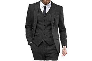 CEEHUTEEY Mens Tweed Herringbone Wedding Suit Prom Tuxedos 3 Piece Peak Lapel Dress