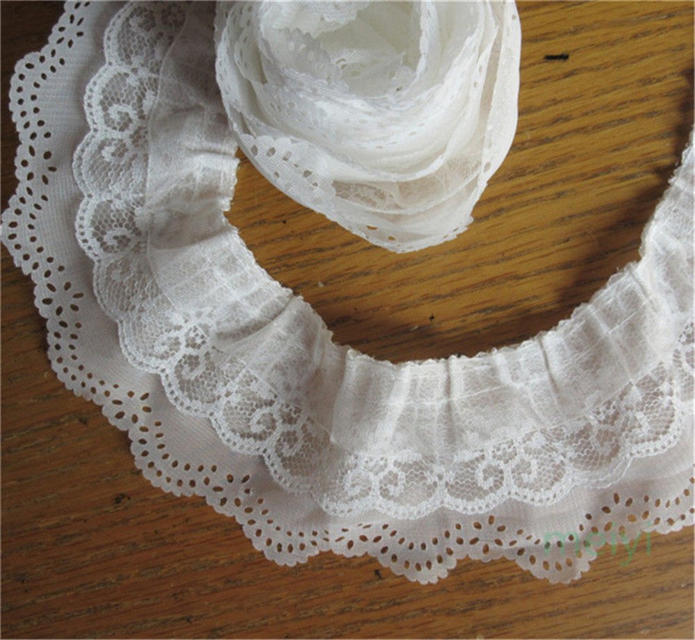 5 Meters 3-Layer Pleated Organza Gathered Mesh Lace Trim Ribbon White Edge 65mm Width Edging Trimmings Fabric Vintage Embroidered Applique for Sewing Craft Dress Skirt Extender Socks Accessories