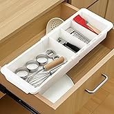 Enhon Expandable Sliding Drawer Organizer for Kitchen Drawers, Deep Drawer Organizer Tray with Adjustable Dividers, Sliding Kitchen Drawers Tray for Utensils, Silverware & Accessories, 11.4”–18”,White