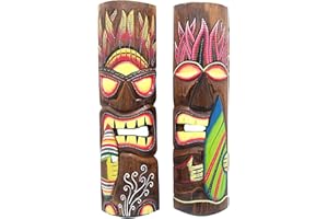Wowser Hand Crafted Hawaiian Style Surfer Tiki Masks, Wall Décor, Set of 2 Assorted Colors
