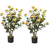 Howngyesimu Artificial Camellia Tree, 3FT Faux Camellia Plant in Pot with Orange Flowers for Spring Home Front Door Outdoor Indoor Decoration