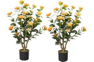 Howngyesimu Artificial Camellia Tree, 3FT Faux Camellia Plant in Pot with Orange Flowers for Spring Home Front Door Outdoor Indoor Decoration