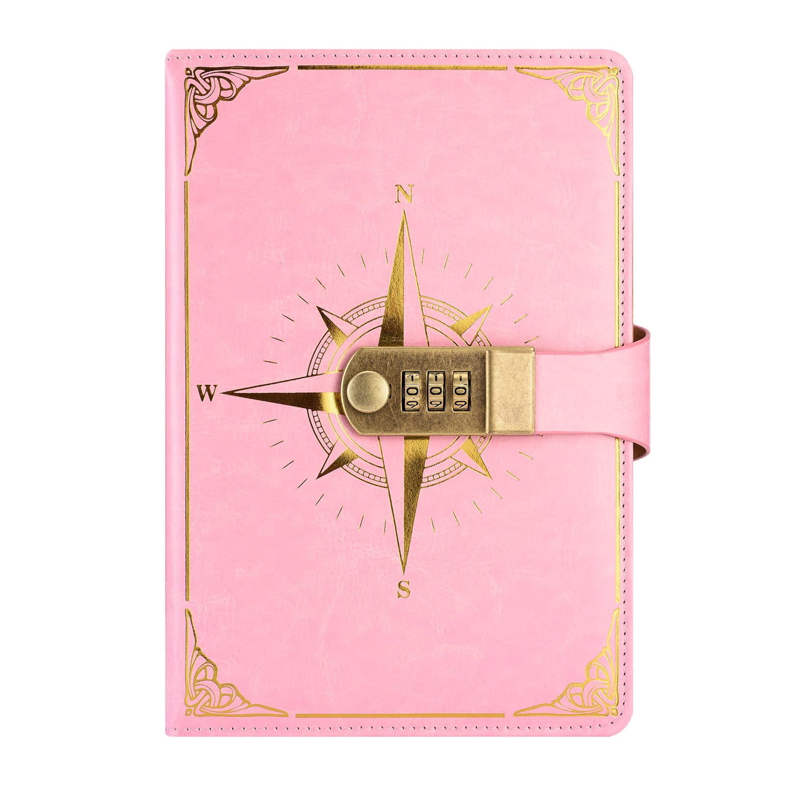 NectaRoy Vintage Travel Journal, A5 Lockable Diary(Compass Pattern), Notebook with Lock/Pen Holder/Card Slots, Office School Supplies Student Stationery, Size 8.6"x5.9"