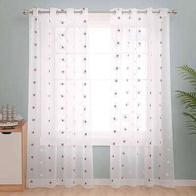 Deconovo Semi-Sheer Curtains Faux Linen Embroidered Star 140x240cm Orange 2