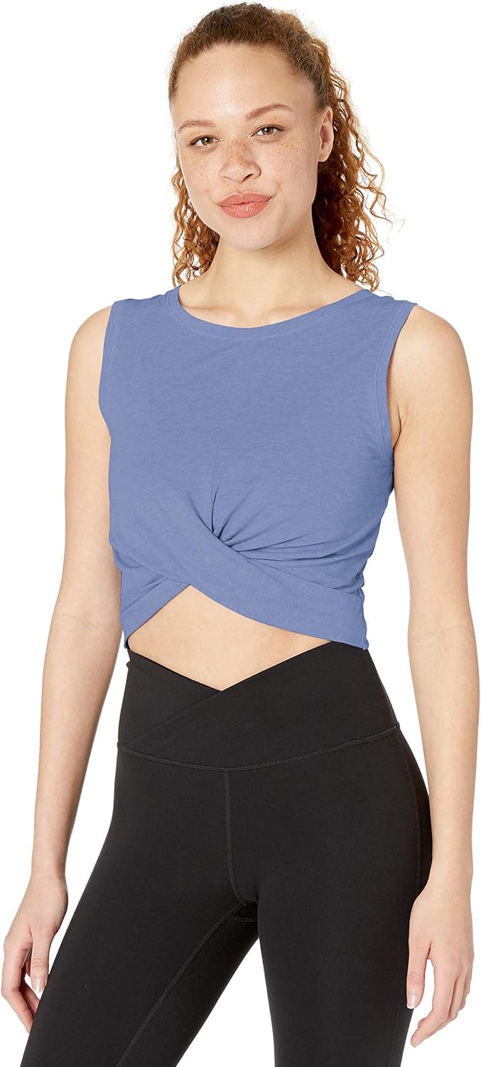 Core 10 Women's Pima Cotton Blend Knot Front Cropped Yoga Tank: Clothing