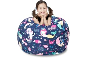 LOLOMLO Stuffed Animal Storage Bean Bag Chair Cover, Hold Kids Plush Toys Blankets Towels Beanbag (Cover Only), Canvas Floor Circle Stuff Sit Seat Sofa with YKK Zipper, Extra Large 38", Mermaid