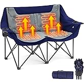 Heated Double Camping Chair for Adults, 4 Heating Zones & 3 Heat Levels, Padded Loveseat Oversize Folding Chair Portable for Outdoor Sports Lawn, Use 5v/3a Power Bank (Not Included)(Blue, Gray)