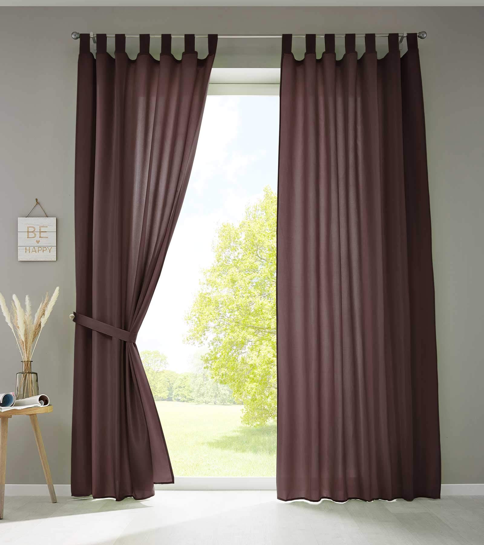Gardinenbox Berlin 20400N2 Curtains with Loops 245 x 140 cm Brown Opaque Microsatin Translucent Ruffle Tape Plain Matt Set of 2