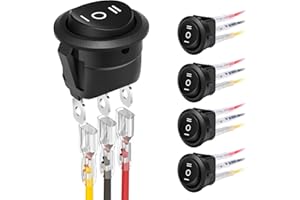 XINYIELE 12 Volt 3 Way Round Rocker Switch,3 Position ON/Off/ON Rocker Switch,3 Pin 6A/250V AC 10A/125V DC SPST Circle Toggle Switch Button with Wires for Car Stereo Marine Boat(ON-Off-ON,5Pcs