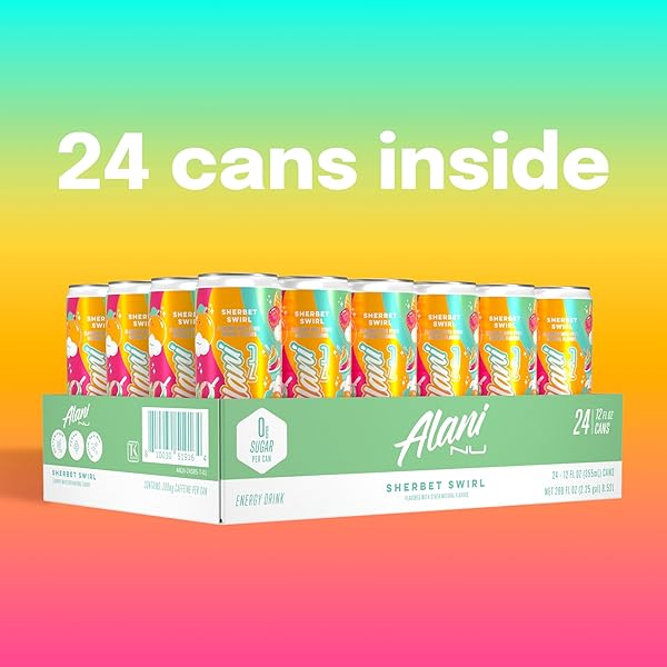 ALANI NU SHERBET SWIRL SUGAR FREE, LOW CALORIE ENERGY DRINKS, 200MG CAFFEINE, BIOTIN B VITAMINS, ZERO SUGAR, 10 CALORIES, 12 FL OZ CANS, 24 PACK