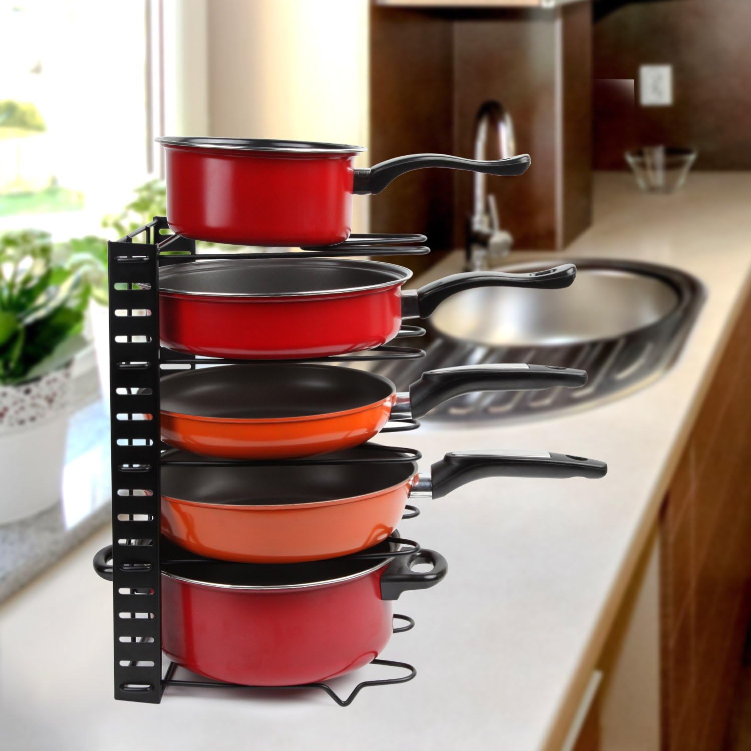 Height Adjustable Pan Organizer Rack, VDOMUS Pan and Pot Lid Holder Black Metal (Black): Home Improvement