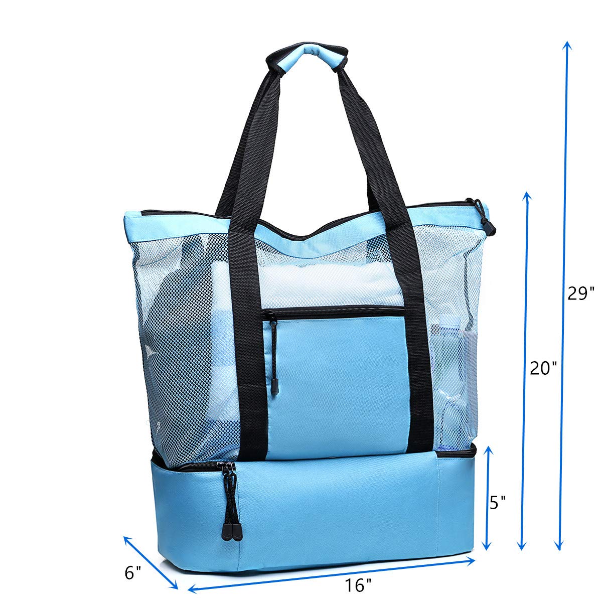 Tang Xiao Bang Beach Tote Mesh Beach Bags Insulated Picnic Cooler Pool Bag with Zipper Top for Women (Sky Blue)
