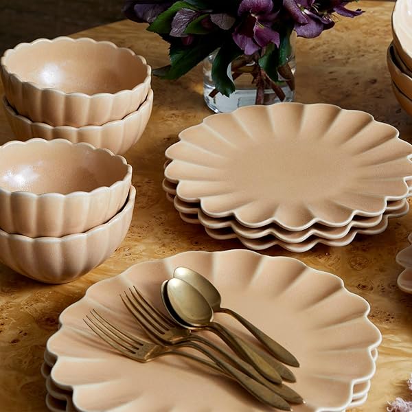 LEMIEUX ET CIE DHALIA 4-PIECE BOWL SET STONEWARE, BOWLS, DISHWASHER AND MICROWAVE SAFE, DISH SET FOR 4, CAMEL