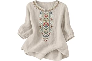 Boho Linen Tops for Women 3/4 Sleeve Embroidered Tops Mexican Peasant Dressy Casual Summer Vacation Beach Shirts