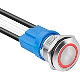 KWONONG LED Latching Push Button Switch, Stainless Steel, IP67 Waterproof 5-24V 20A 1NO, with Wire Socket Plug (1, Red, 16mm)