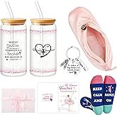 Sadnyy 6 Pcs Dance Teacher Appreciation Gifts Pink Ballet Box with Glass Cup Dancers Makeup Bag Keychain Thank You Cards and Socks Dancing Recital Funny Gifts for Women Teachers Birthday Christmas